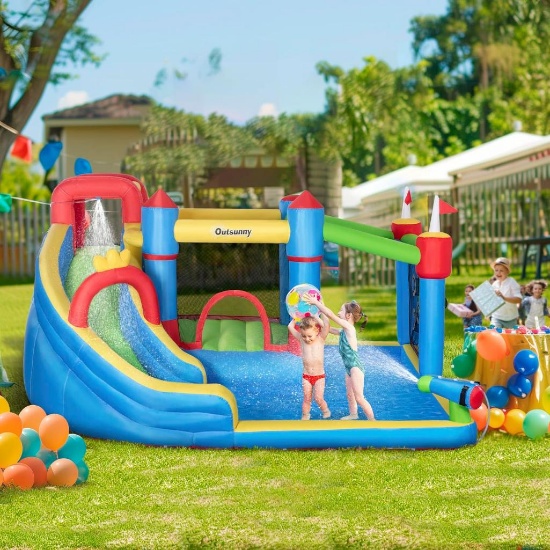 Outsunny 6-in-1 Inflatable Bounce House with Slide, Climbing Wall, Water Cannon - Without Inflator
