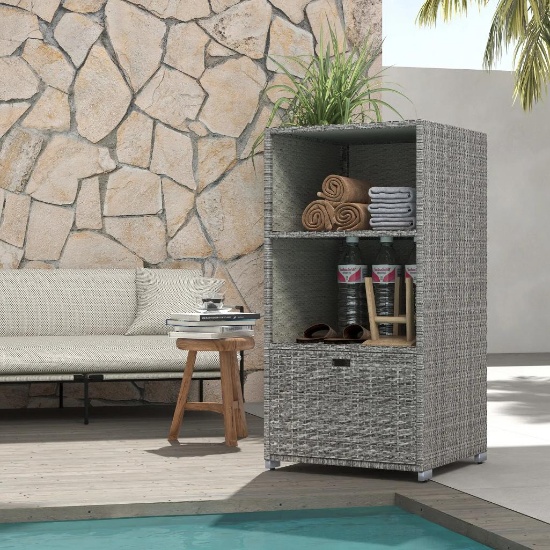 Outsunny PE Rattan Pool Towel Rack with 2 Storage Shelves Basket Mixed gray