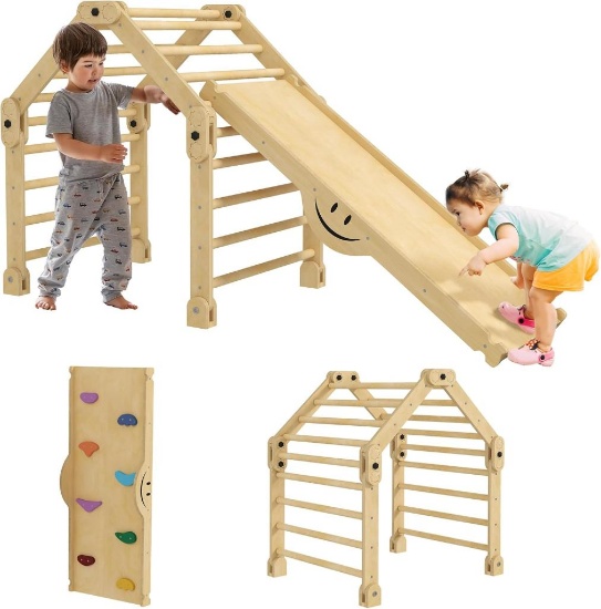 Qaba Pikler Triangle Set, 4 in 1 Indoor Toddler Climbing Toys with Ramp & Seesaw