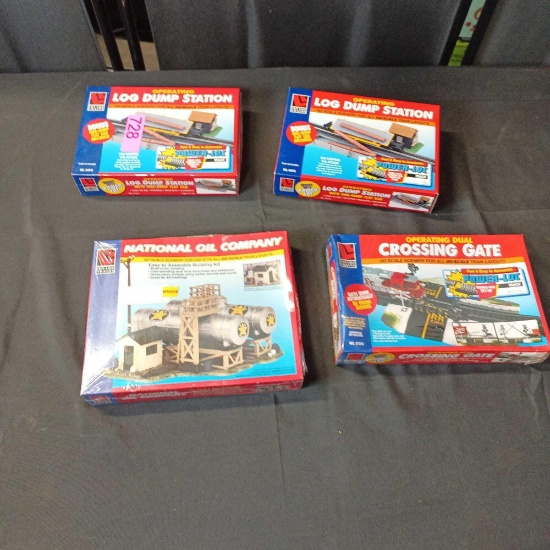 Log dump station x2, crossing gate, National oil company for model train collection