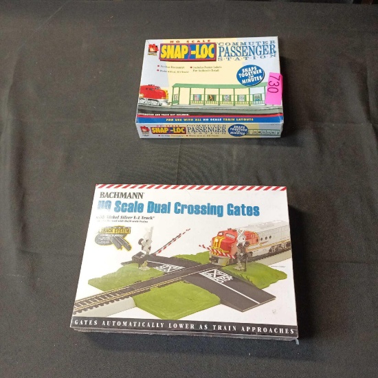 Dual crossing gates, commuter passenger station for model train collection