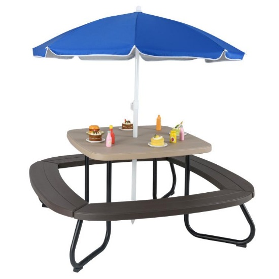 Costway Kids Picnic Table Outdoor Activity Table with Adjustable & Collapsible Umbrella - Brown
