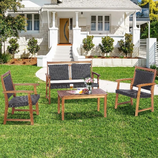 Costway 4 Pieces Outdoor Patio Rattan Furniture Sofa Set with Acacia Wood Frame