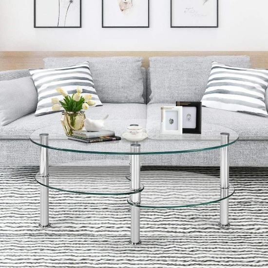 FANTASK Tempered Glass Coffee Table Oval 3-Tier Steel Tea Table