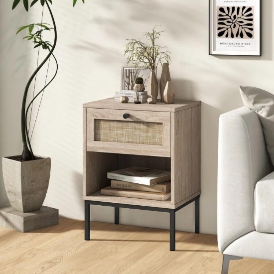 Rattan Bedroom Nightstand W/ Drawer