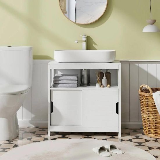 Costway Pedestal Sink Storage Cabinet with 2 Sliding Doors and U-shaped Cut-out #JV11660WH