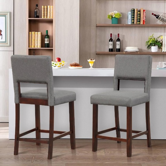 Costway 2 Piece Bar Chair Set with Hollowed Back and Rubber Wood Legs - Gray #JV10939GR