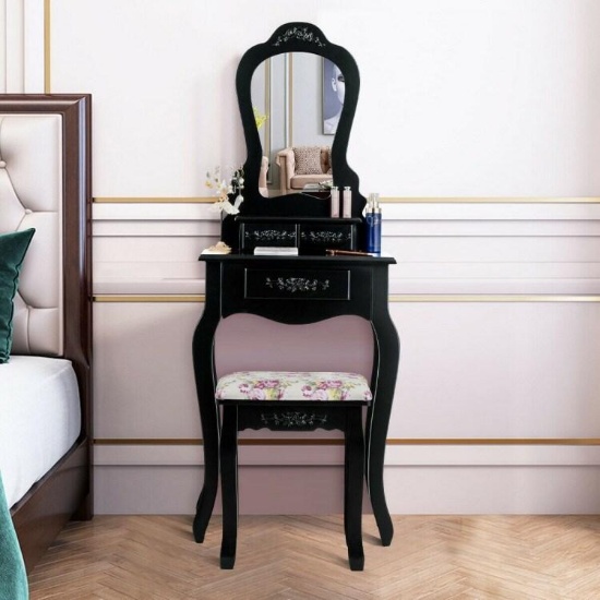 Makeup Dressing Table Vanity w/ Mirror & Stool - Black - 20.0" x 12.0" x 53.5" #HW66045BK