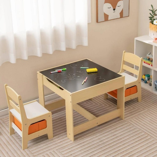 Costway Kids Table & Chair Set with Storage Boxes, Blackboard/Whiteboard - Natural HY10256NA