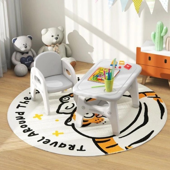Lightweight Activity Kids Play Table & Chair Set w/Storage Shelf Under Desktop - Grey