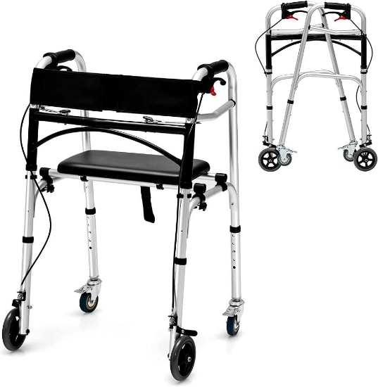 Costway 4-in-1 Folding Rollator Walker for Seniors with Seat Wheels & Brakes