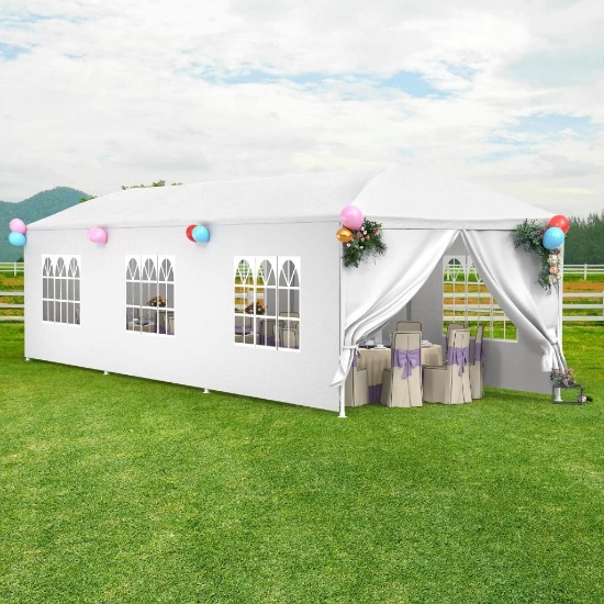 10x30ft Outdoor Gazebo Canopy with 8 Removable Sidewalls for Events/Gatherings - White