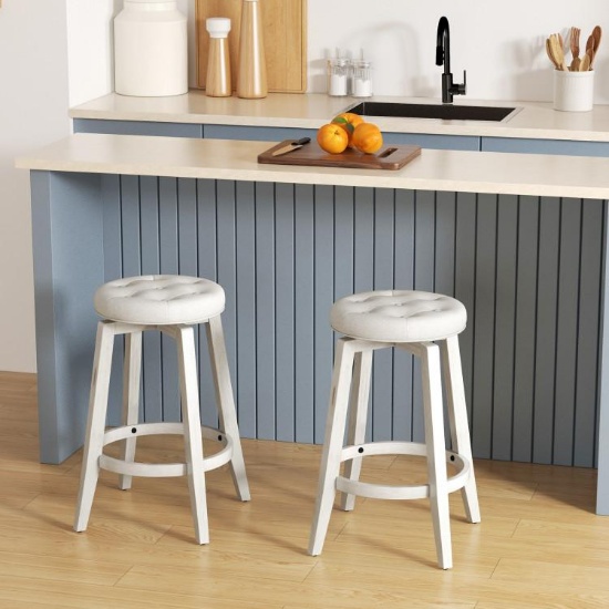 360-Degree Swivel Upholstered Rubberwood Frame Bar Stool Set of 2 with Footrest - White