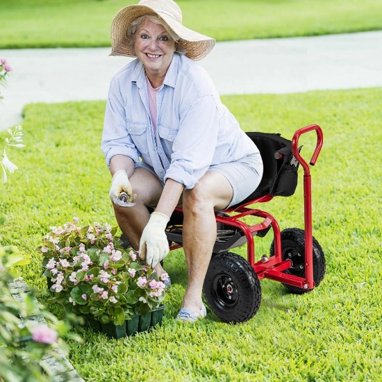 Costway Cushioned Rolling Garden Cart with Swivel Seat - Red