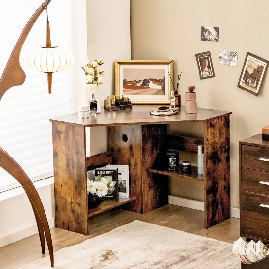 Costway Corner Computer Desk Triangle Writing Workstation w/Storage Shelf - Brown