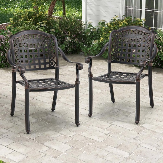 Costway 2pcs Patio Cast Aluminum Armrest Chairs Dining Stackable Outdoor - Bronze