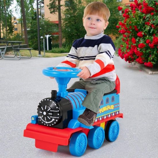 Costway 6V Electric Kids Ride On Train Toy - blue
