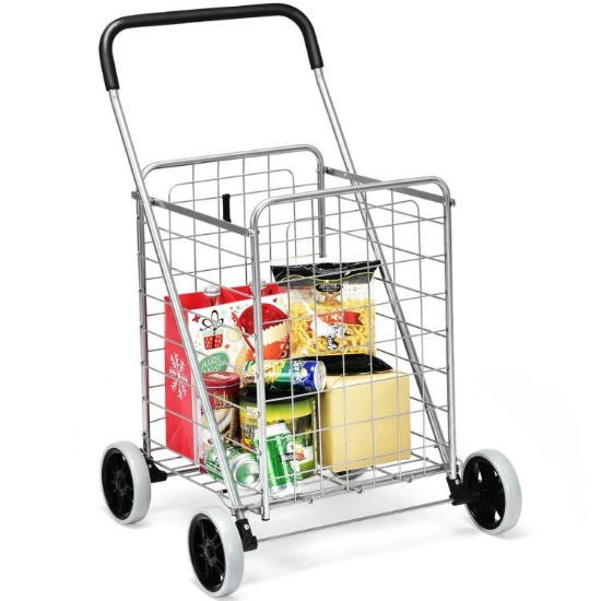 Portable Folding Shopping Cart Utility for Grocery Laundry - Silver