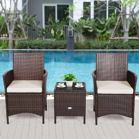 Outdoor Furniture Rattan Wicker Conversation Sofa Set w/ Tempered Glass Tabletop