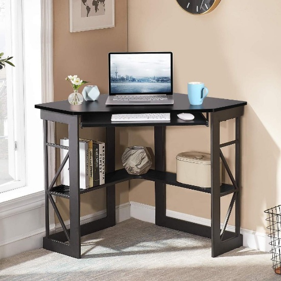 VECELO Corner Computer Desk 41 x 30" with Smooth Keyboard & Storage Shelves - black