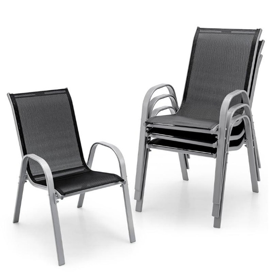 Set of 4 Patio Dining Chairs Stackable Armrest Space Saving Garden - Black