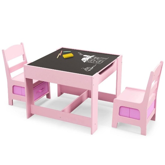 Costway Kids Table Chairs Set With Storage Boxes Blackboard Whiteboard for Drawing - pink
