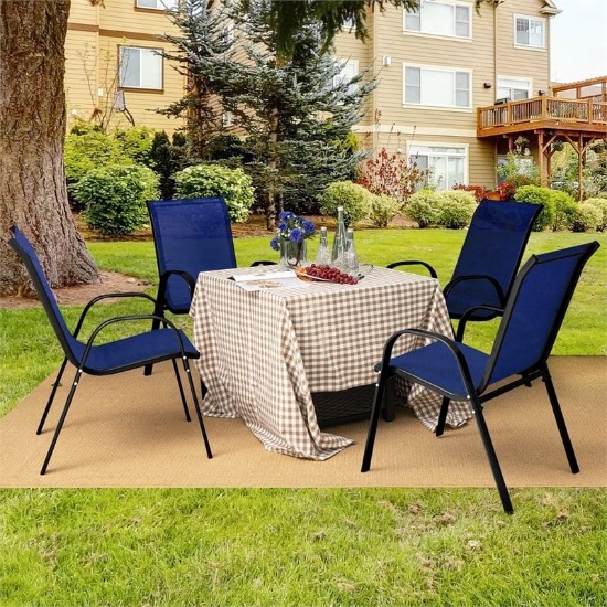 Set of 4 Patio Dining Chairs Stackable Armrest Space Saving Garden - Navy