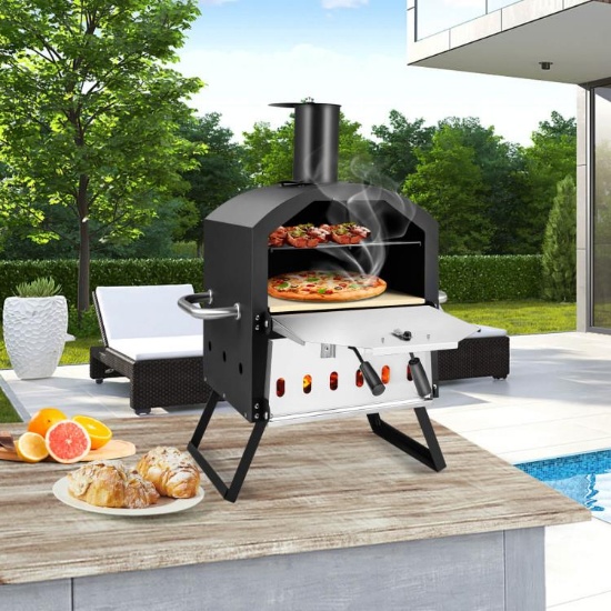 2-Layer Pizza Oven with Removable Cooking Rack and Folding Legs - black