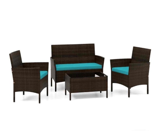 Patio Rattan Conversation Set with Cozy Seat Cushions, Turquoise - 4 Piece