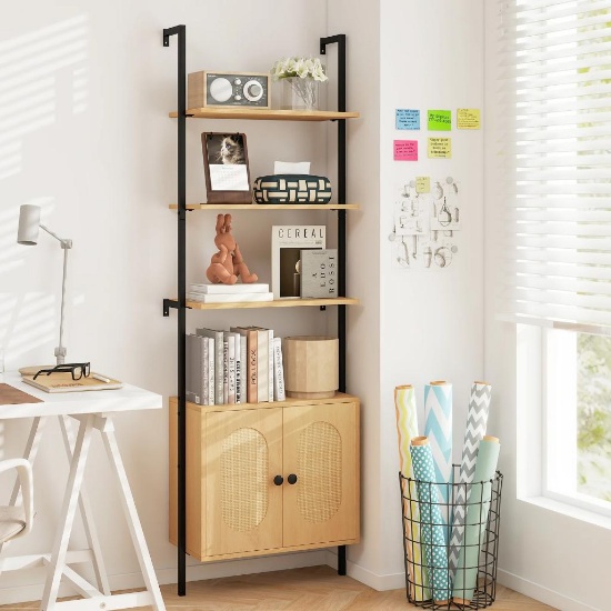 Giantex Ladder Bookshelf with Cabinet - Natural Wood