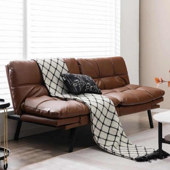 Giantex Futon Sofa Bed, Convertible Memory Foam Futon Couch Sleeper - Brown Leather