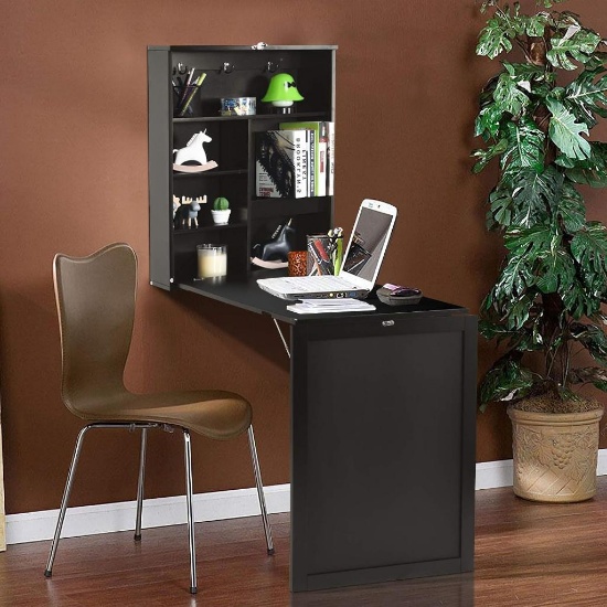 IFANNY Wall Mounted Fold Out Desk with Storage Shelves & Hooks - Black