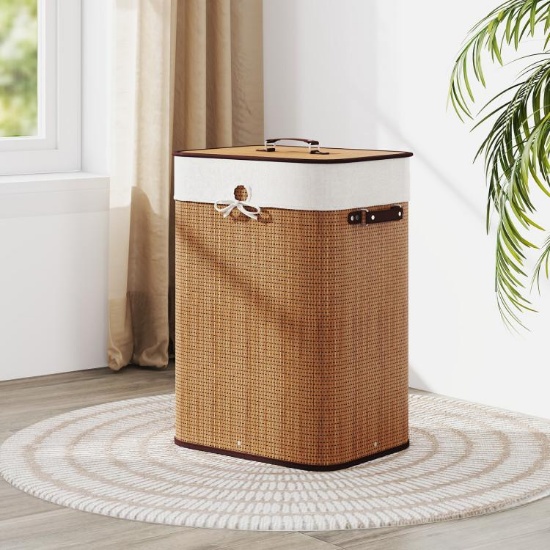19 Gal Rectangle Laundry Basket Bamboo Clothes Hamper with Handles and Lid