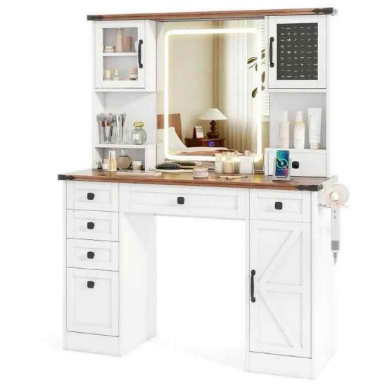 Farmhouse Vanity Desk with Lighted Mirror