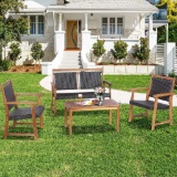 Costway 4 Pieces Outdoor Patio Rattan Furniture Sofa Set with Acacia Wood Frame