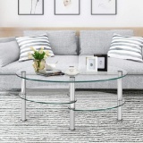 FANTASK Tempered Glass Coffee Table Oval 3-Tier Steel Tea Table