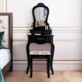 Makeup Dressing Table Vanity w/ Mirror & Stool - Black - 20.0