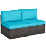Set of 2 Outdoor Patio Poolside Rattan Armless Sofa Set W/ Cushions & Pillows - Turquoise
