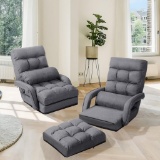 Costway Folding Floor Armchair w/6-position Adjustable Back & Lumbar Pillow - Grey