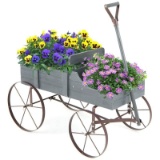 Garden Plant Planter Wooden Wagon Planter W/ Wheel - Gray