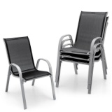 Set of 4 Patio Dining Chairs Stackable Armrest Space Saving Garden - Black