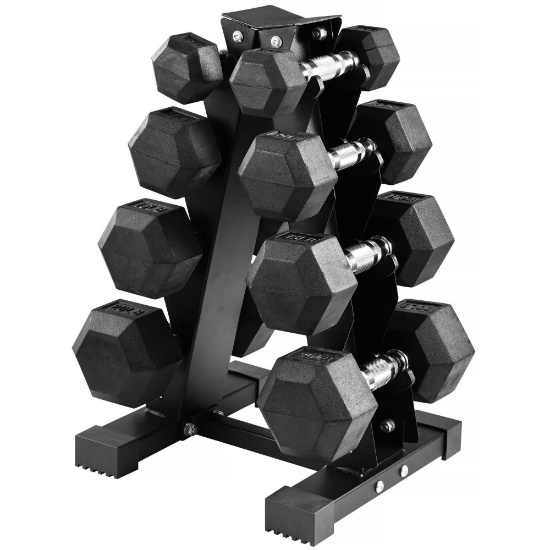 Rubber Coated Hex Dumbbell Weight Set with A-Frame Rack, 5-20 lbs Pairs
