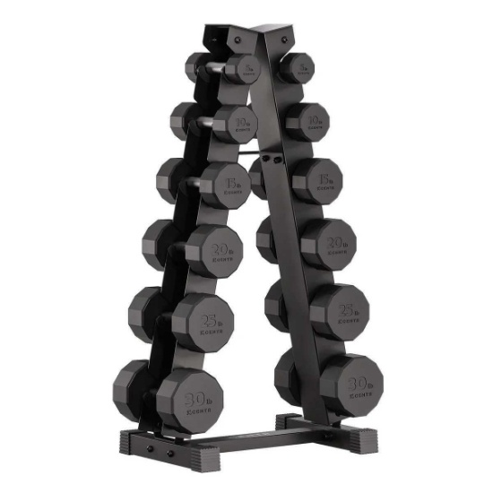 Centr 12-sided 210 lb. Rubber Dumbbell Set with Rack