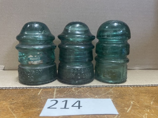 Lot of 3 greenish blue vintage glass insulators
