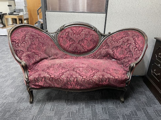 Antique Victorian Sofa; Carved Wood Frame