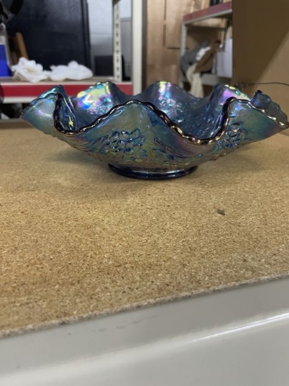 Fenton Blue Iridescent Carnival Glass Ruffled Bowl â€“ 10"