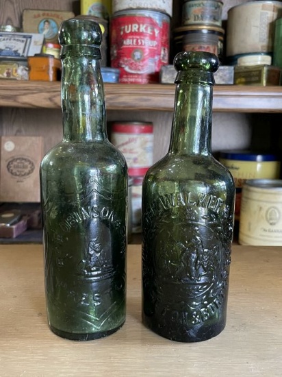 Pair of Embossed Green Glass Beer or Ale Bottles (Robinson & Walker, 19th Century Style)