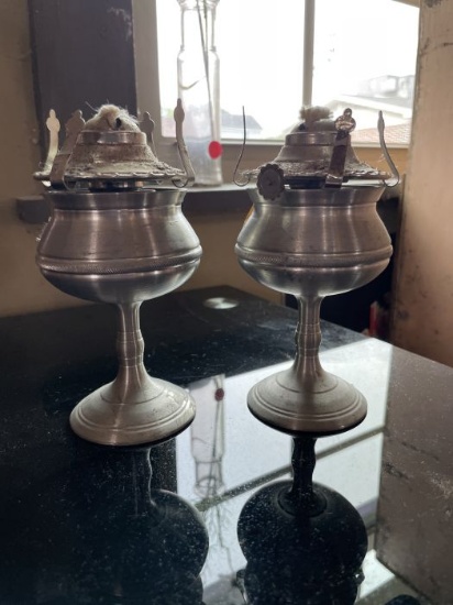 Pair of Pewter-Style Oil Lamps