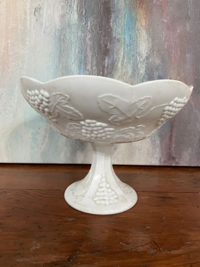 Milk Glass Compote with Grape Pattern
