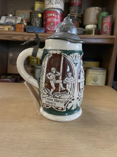 German Beer Stein with Pewter Lid - Hurra